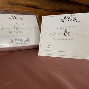 Wedding decor lot- heavy silver cards sign, translucent ribbon, hashtag signs